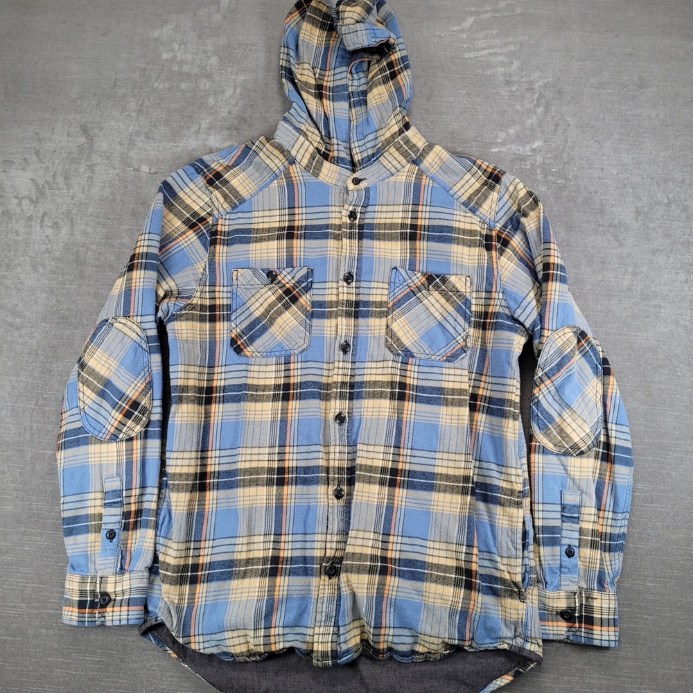 Vans Flannel Vintage Hooded Shirt Shacket Jacket Men's Sz L Blue Plaid Button Up
